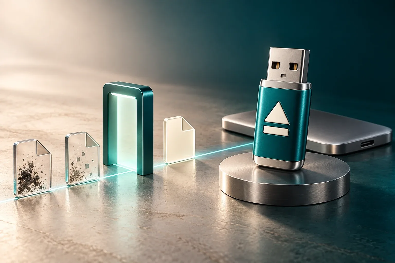 금속 USB와 외장 SSD, 보조 파일 정리를 표현한 CleanUSB 브랜드 이미지